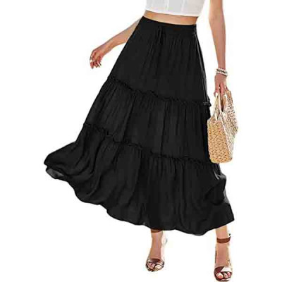 Avanova Women's Elastic High Waist A Line Layer Ruffle Swing Casual Long Maxi Skirt