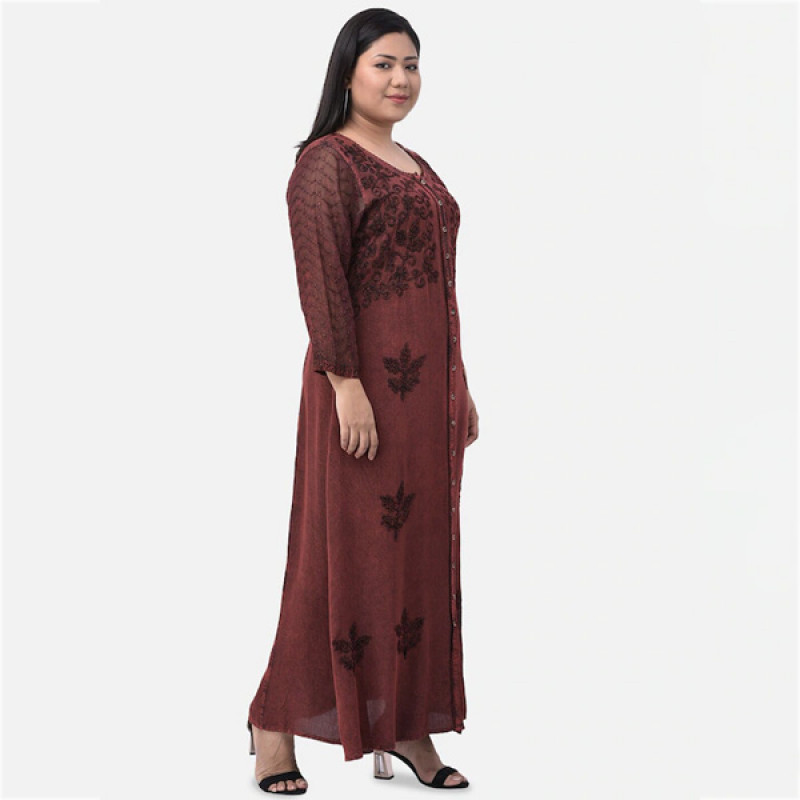 Women Brown Floral Embroidered Maxi Dress