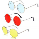 Round Unisex Uv Protected Sunglasses Pack Of 3 Blue Red Yellow