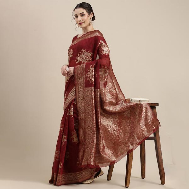 Maroon Floral Linen Blend Banarasi Saree