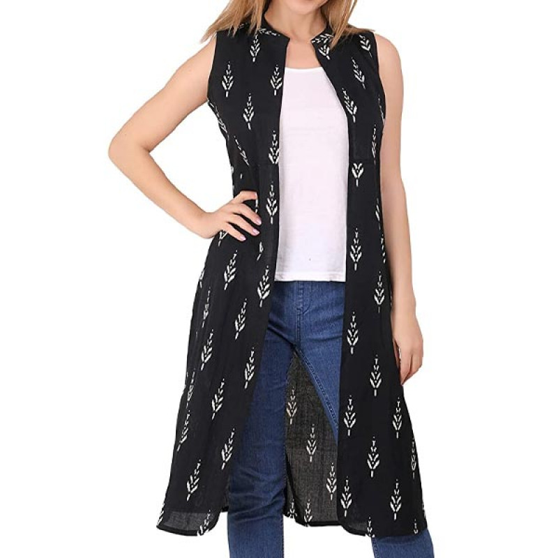 Floral Printed Sleeveless Black Kimono Style Cotton Women Long Shrug