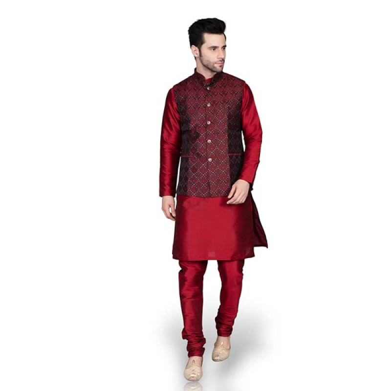 Men's Silk Blend Kurta Churidar Pyjama with Ethnic Bundi Jacket Set