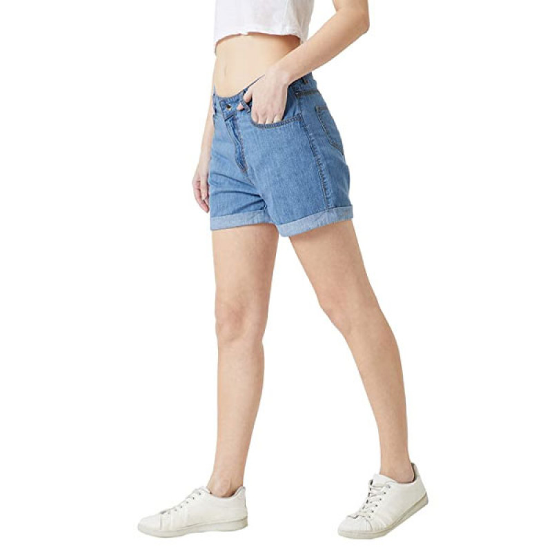 Women's Blue Relaxed Fit Clean Look Regular Length Mid Rise Denim Shorts