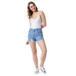 Women's Blue Relaxed Fit Distressed Mid Rise Ripped Fringed Hemline Denim Shorts