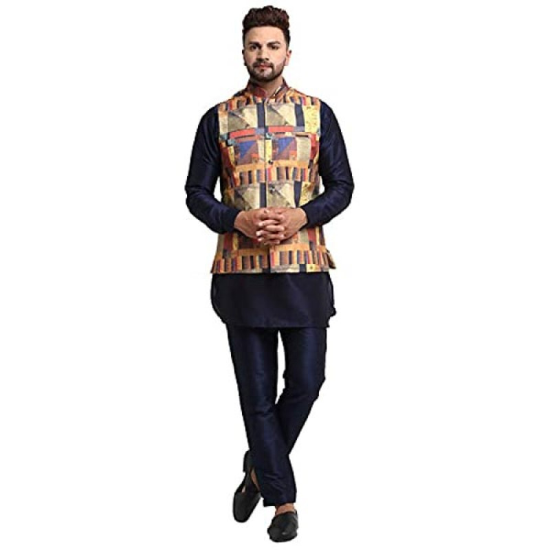 Mens Dupion Silk Kurta Pant With Nehrujacket Set