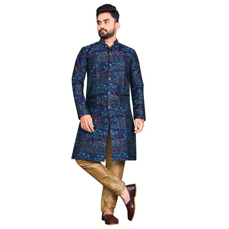 Men's Traditional Stitched Heavy Jecquard Kurta Pajama Sherwani Set (Dark Blue)