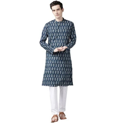 Mens Blue & Beige Printed Straight Kurta