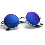 Black Blue Silver Mirrored Medium Full Rim Round Metal Unisex Sunglasses - Pack Of 3