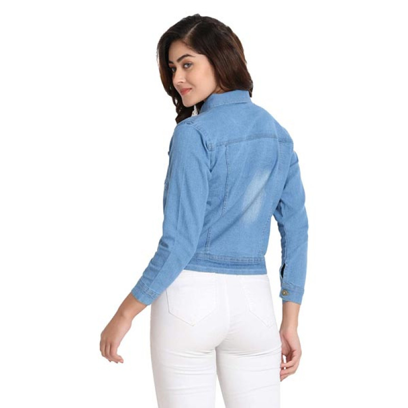 Solid Regular Denim Jacket For Women