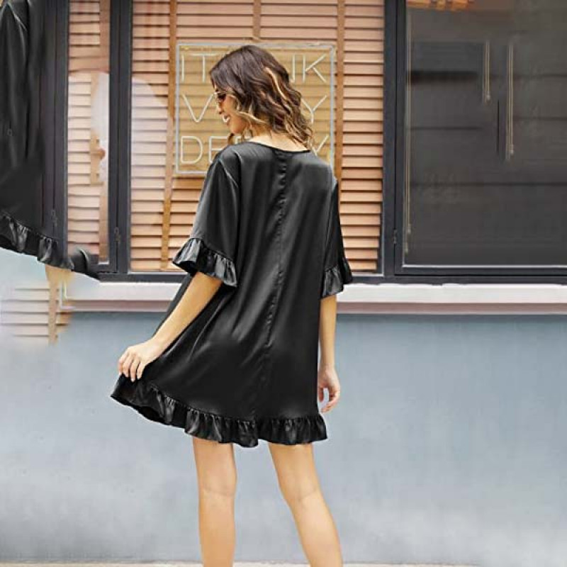 Women V Neck Silk Sleepwear 3/4 Sleeve Nightshirt