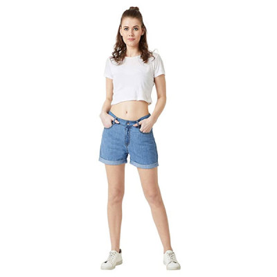 Women's Blue Relaxed Fit Clean Look Regular Length Mid Rise Denim Shorts