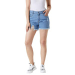 Women's Blue Relaxed Fit Distressed Mid Rise Ripped Fringed Hemline Denim Shorts