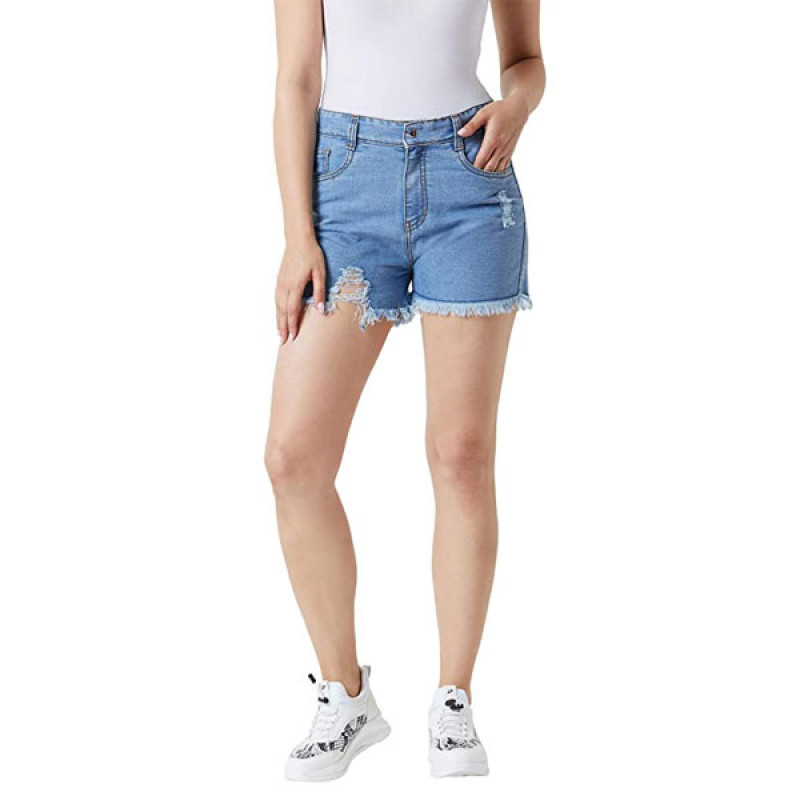 Women's Blue Relaxed Fit Distressed Mid Rise Ripped Fringed Hemline Denim Shorts