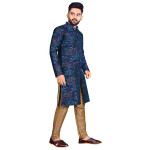 Men's Traditional Stitched Heavy Jecquard Kurta Pajama Sherwani Set (Dark Blue)