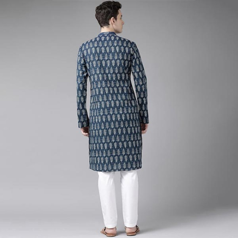 Mens Blue & Beige Printed Straight Kurta