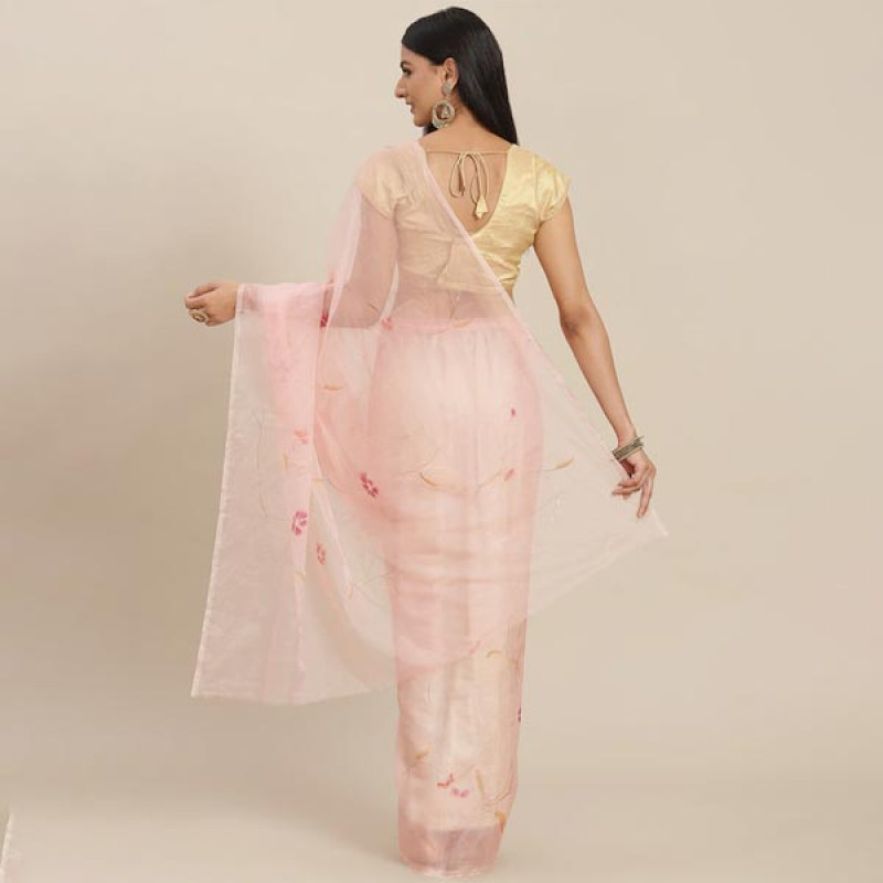 Peach-Coloured Floral Organza Saree