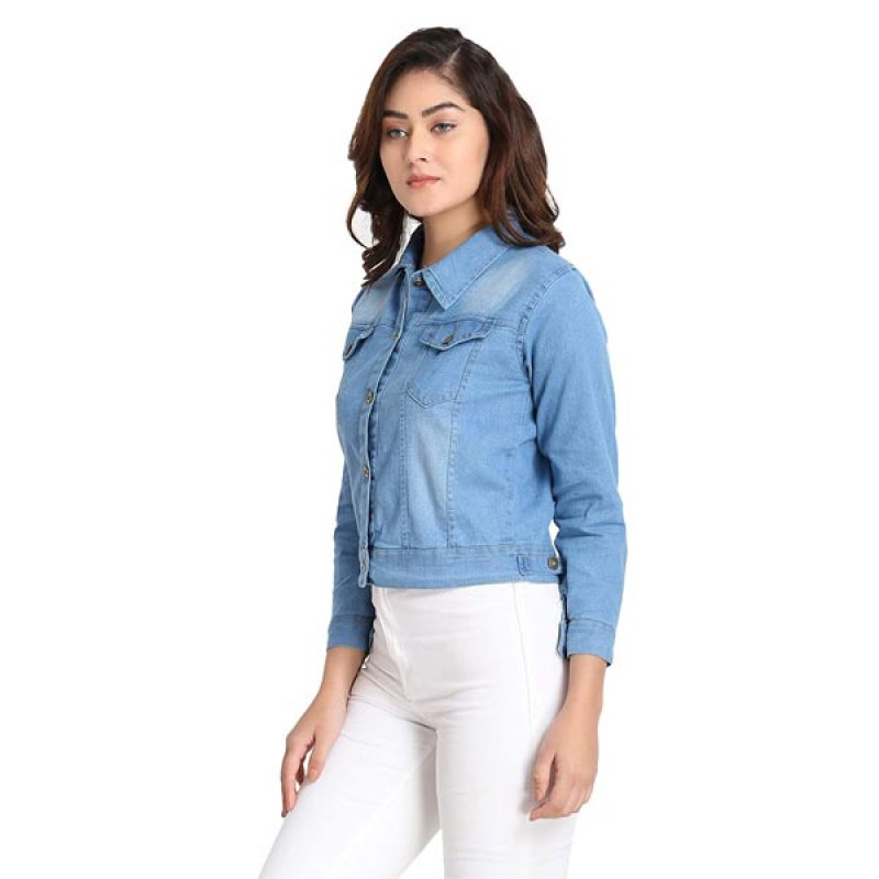 Solid Regular Denim Jacket For Women