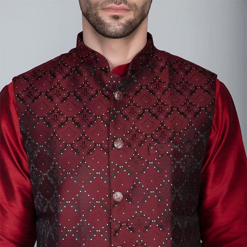 Men's Silk Blend Kurta Churidar Pyjama with Ethnic Bundi Jacket Set