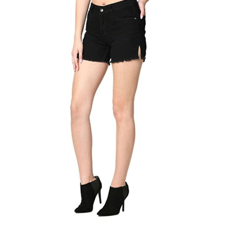 Women Grey Washed Slim Fit Denim Stretchable Shorts