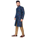 Men's Traditional Stitched Heavy Jecquard Kurta Pajama Sherwani Set (Dark Blue)