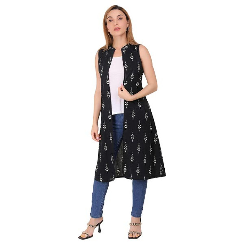 Floral Printed Sleeveless Black Kimono Style Cotton Women Long Shrug