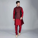 Men's Silk Blend Kurta Churidar Pyjama with Ethnic Bundi Jacket Set