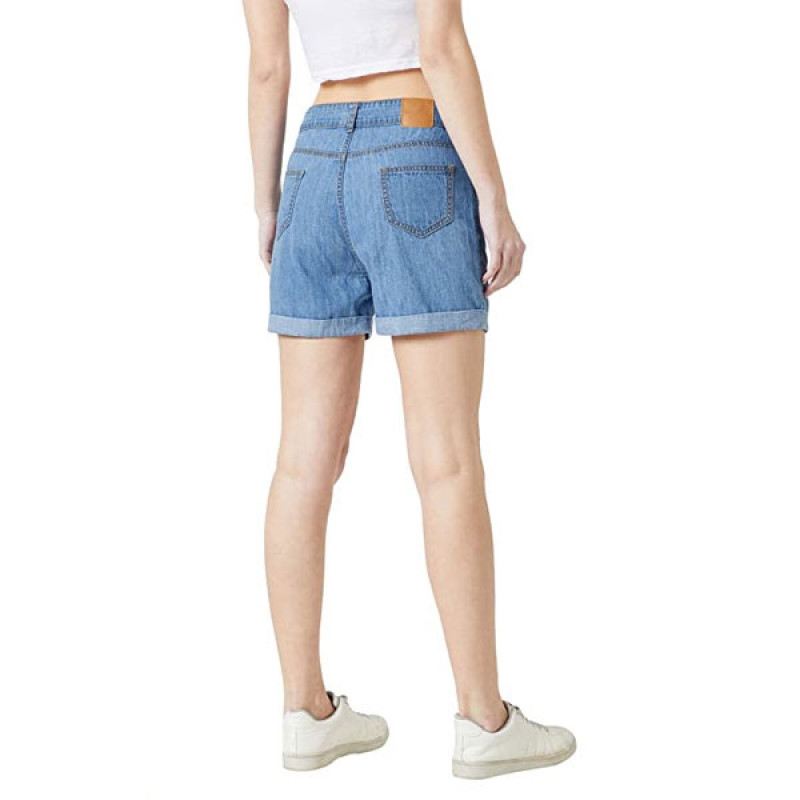 Women's Blue Relaxed Fit Clean Look Regular Length Mid Rise Denim Shorts