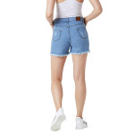 Women's Blue Relaxed Fit Distressed Mid Rise Ripped Fringed Hemline Denim Shorts