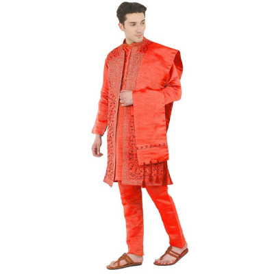 Men's Embroidered 4 Piece Kurta Pajama Sherwani Set