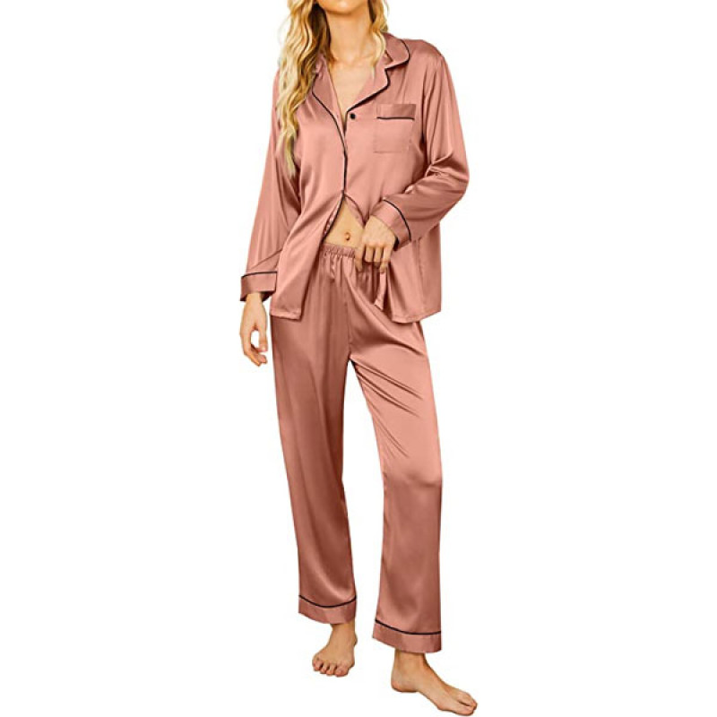 Women's Long Sleeve Sleepwear Silk Soft Button Down Loungewear